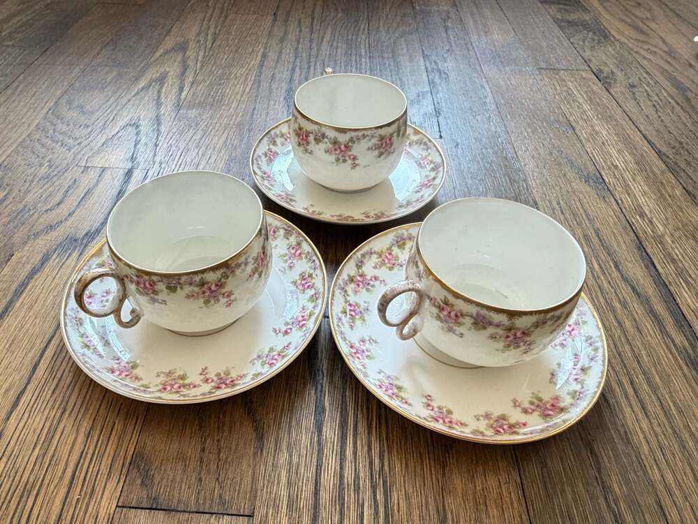 3 Elite Works Limoges France Floral Teacups and Saucers  Pink Roses & Gold Trim